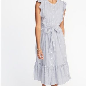 Flutter-Sleeve Tie-Belt Midi Shirt Dress for Women